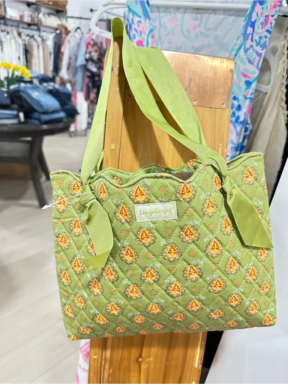 Longaberger Green Quilted Tote with Orange Floral Accents